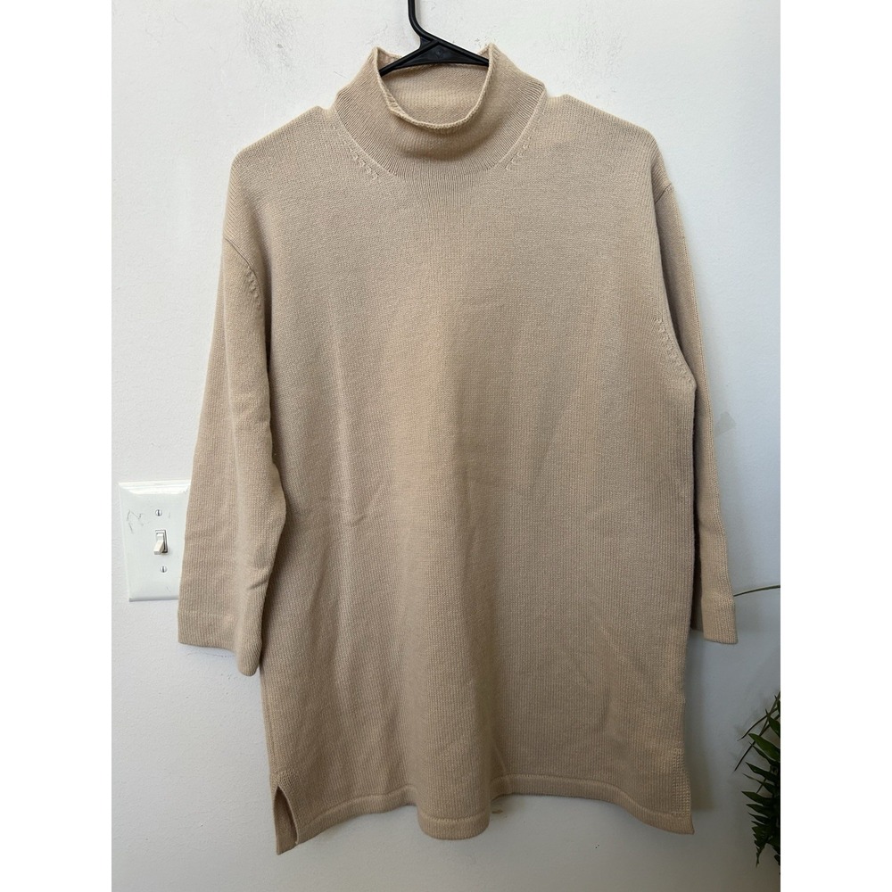 Neiman Marcus 100% Cashmere Mock Neck Sweater L Beige Slit Quiet Luxury Knit